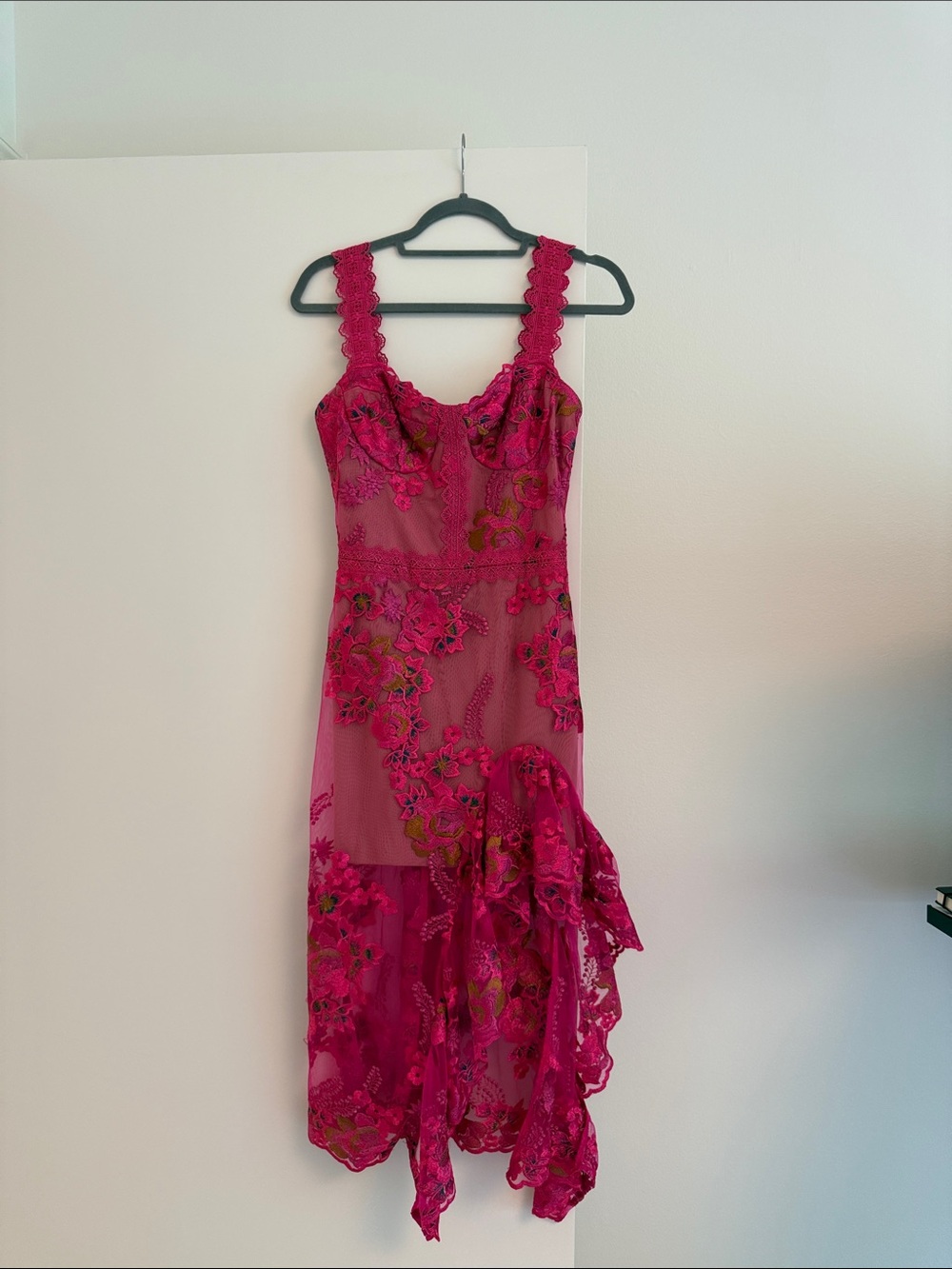 Bronx and Banco Fuchsia Lace Floral Midi Dress